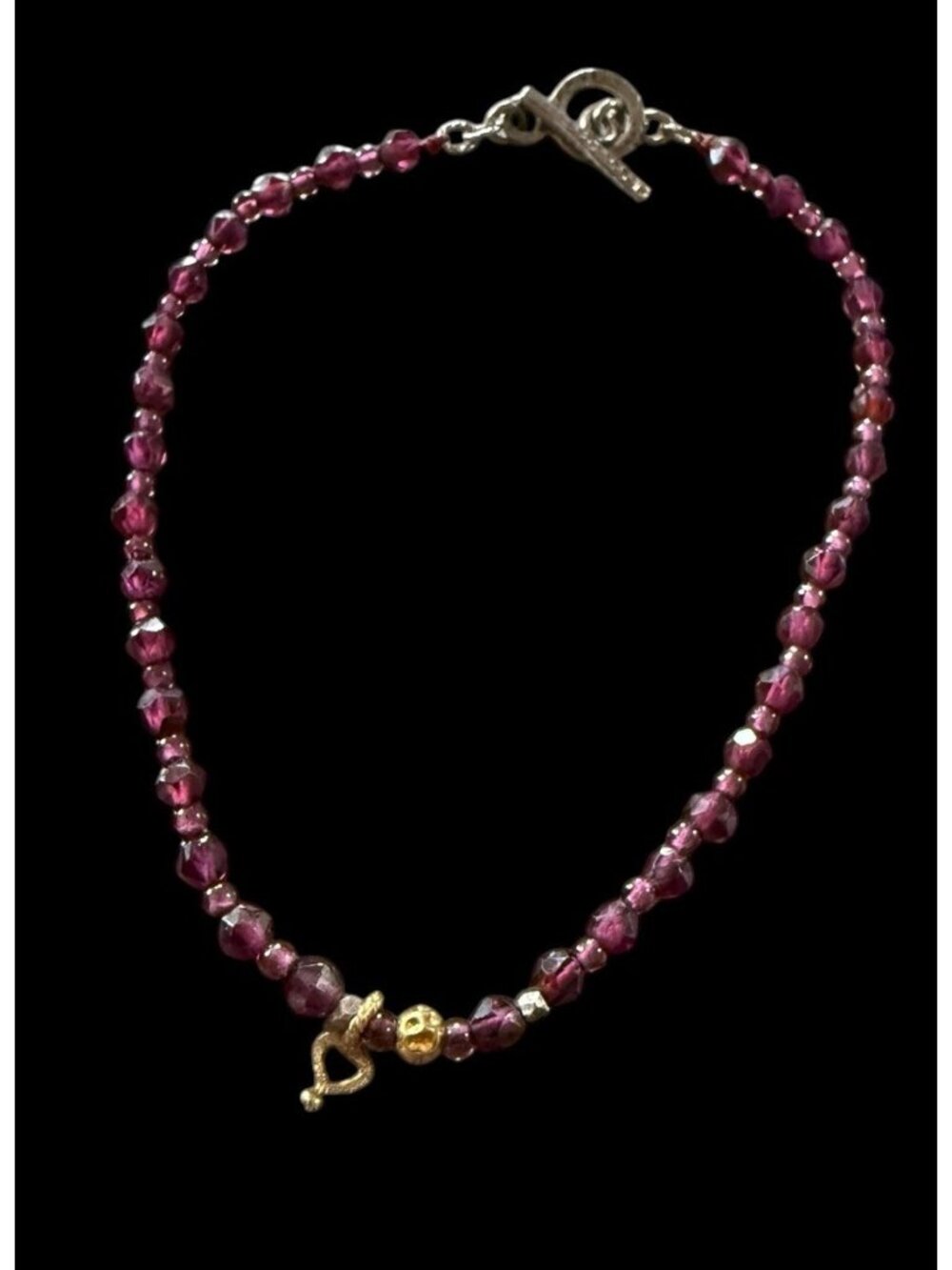 Sterling Silver Beaded Purple Amethyst Crystal Heart Charm Toggle Bracelet